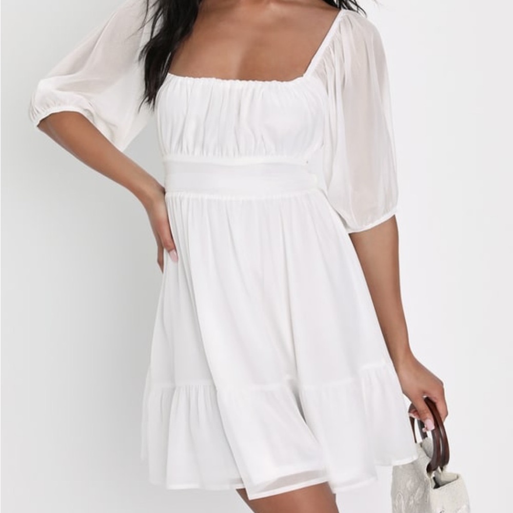 NWOT Lulus Ethereal Arrival White Puff Sleeve Tie-Back Chiffon Mini Dress